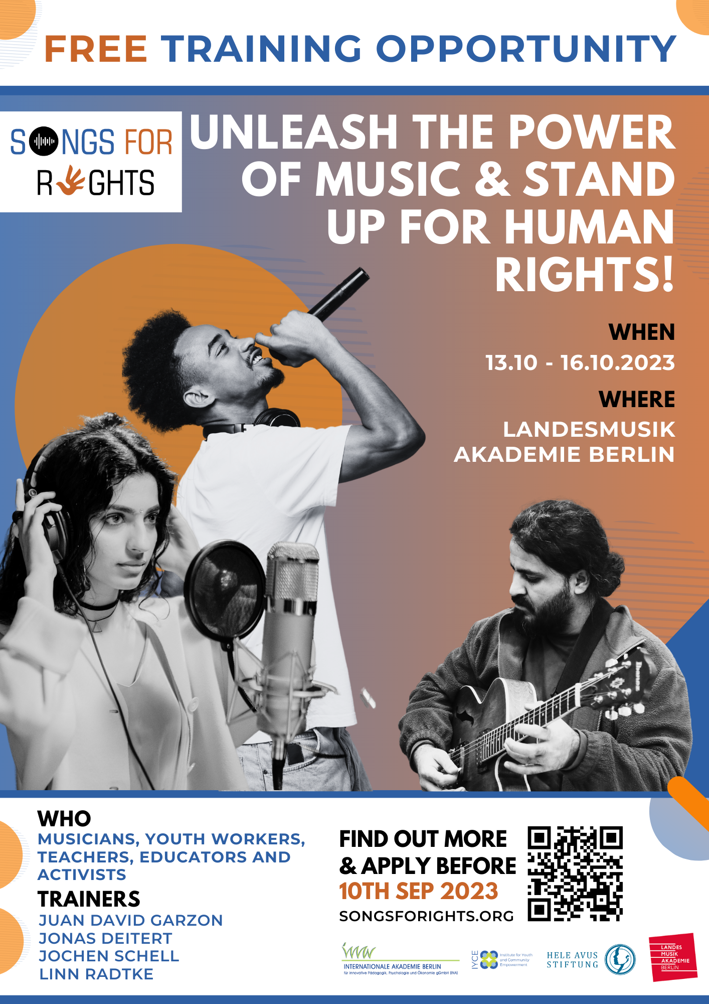 Songs for Rights Training Poster, Unleash the Power of Music and Stand Up for Human Rights. Application for Education.